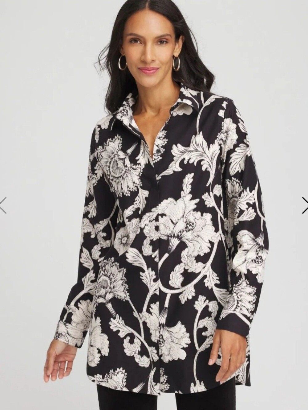 Chico's No Iron Stretch Blouse Tunic 3 US 16/18 Floral Button Up Long  Sleeves